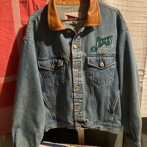 New York Jets Vintage embroidered Denim Jacket leather Collar Football Large NFL